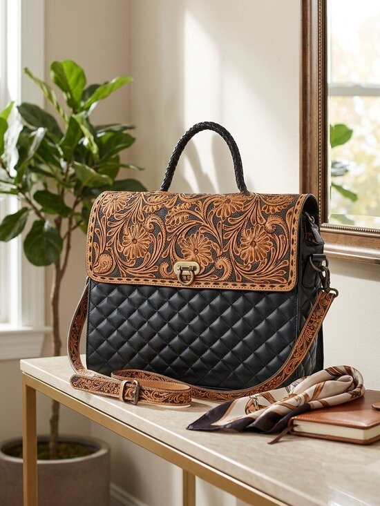 American Darling Handbags - American Darling Quilted Leather & Tooled Harness Satchel/laptop bag